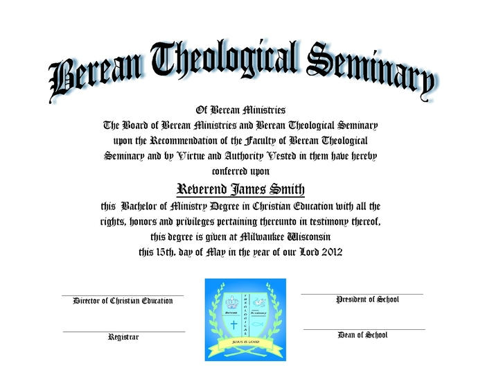 Berean Theological Seminary diploma (sample)